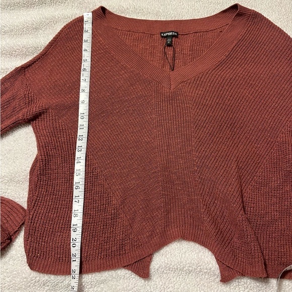Express Tie Sleeve Split Back Cropped Sweater Pink Brown V Neck Oversized Knit - Picture 11 of 13